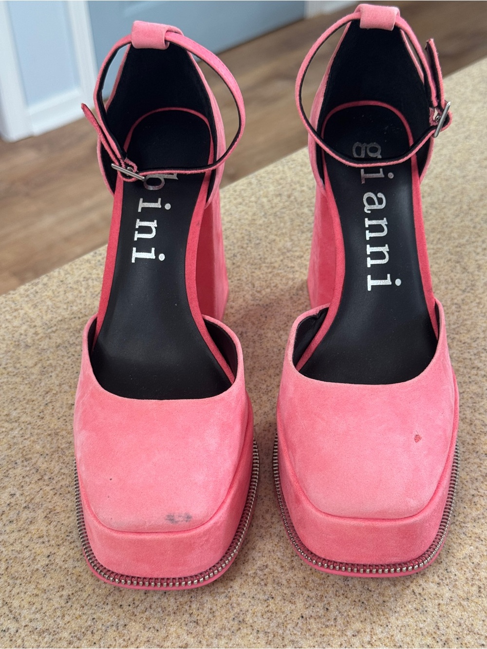 Gianni Bini Otten Pink Suede Ankle Strap Platform Heels 6.5 Fabric Zip - Picture 2 of 12